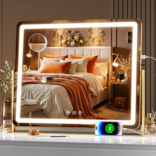 Hasipu Schminkspiegel mit Licht, Spiegel mit Beleuchtung, LED Kosmetikspiegel mit 10x Vergrößerung und USB-Ladeanschluss, 3 Farbtemperatur Licht, Smart Touch, 65L x 54B cm Gold