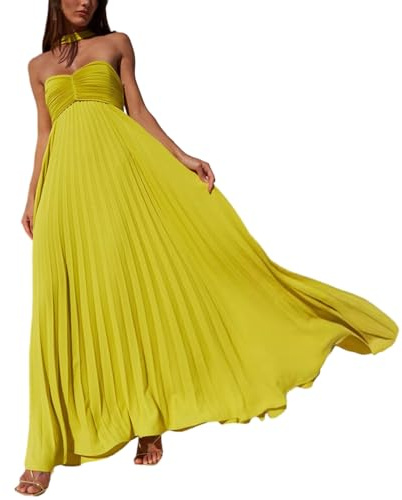 Vestido casual suelto para mujer, color sólido, sin tirantes, con cuello y bufanda, hombros descubiertos, plisado, largo para verano y playa, amarillo, XL