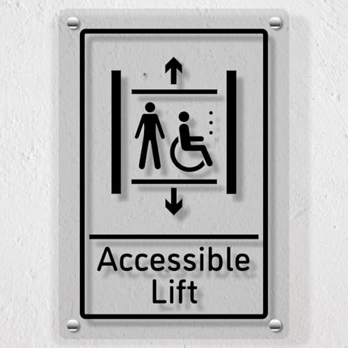 V Safety Panneau de sécurité en acrylique avec inscription « Accessible Lift » – Symbole d'accès pour fauteuil roulant, panneau d'informations générales en plexiglas transparent, 200 x 300 mm