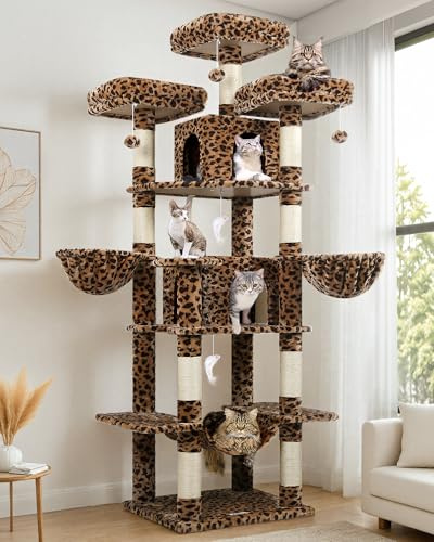 Globlazer Arbol Gato para 3-5 Gatos Leopardo XXL Alto 204 cm con 3 Perchas Acolchadas, 2 Nidos, 2 Cesta, Hamaca, Lujo Árbol Rascador para Múltiple Gatos Descansar Jugar Rascarse (F80, Leopardo)