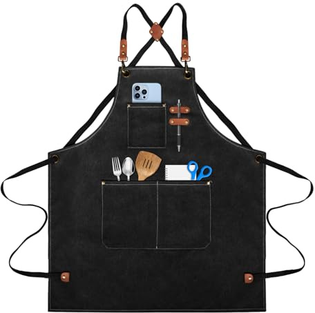 lompyeu Grembiule da Cucina, Impermeabile con 3 Tasche, Unisex, Nero