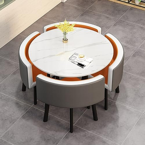 Rundes Konferenztisch-Set für Büro und Zuhause, platzsparender Esstisch mit Stühlen für Wohnzimmer, Balkon, Café, Pausenraum, elegantes Steinplatten-Design (Farbe: Orange)