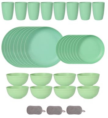 Set di Posate in Plastica da 32 Pezzi Per 8 Persone Ciotole Piatti e Bicchieri Riutilizzabili Posate da Picnic Colorate e Infrangibili Adatto al Microonde e Alla Lavastoviglie (Verde)