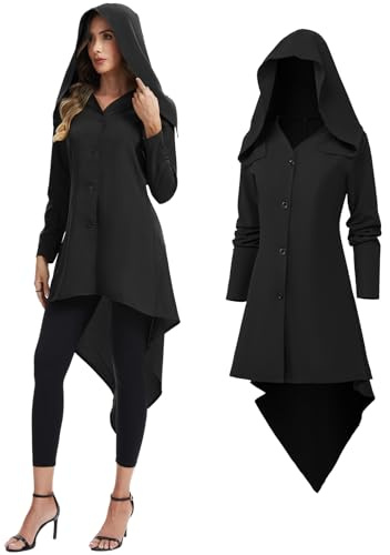 rumnigh Abito gotico con cappuccio da donna, abbigliamento medievale, costume cosplay per Halloween Carnevale (nero, S)