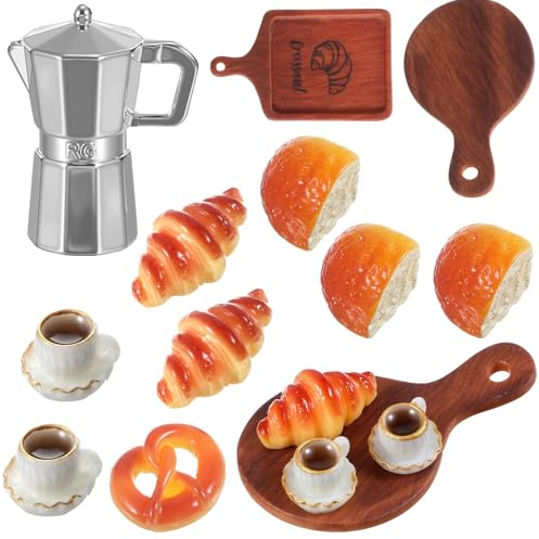 Andibro 12-teiliges Miniatur-Brot- und Kaffeeservice, Küchenzubehör aus Eisen und Kunstharz, Miniatur-Dekoration im Maßstab 1:12