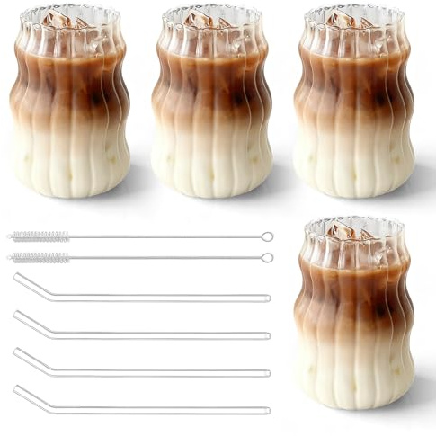 SUNOYA Verres à Café, 4PCS Tasses à Cappuccino Verre 530ml, Tasse à Café en Verre, Verres à Latte Macchiato, Verresà Thé Ondulés, Tasses à Latte Macchiato pour Latte, Thé, Glace, Lait, Bière