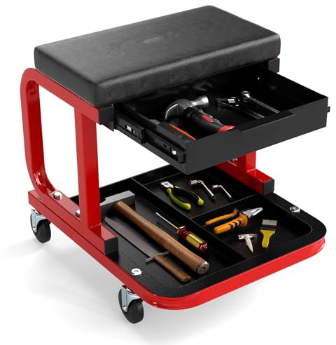 GYMAX Taburete de Mecánico Rodante, Carro de Taller Móvil con Cajón Extensible y Bandeja para Herramientas, Asiento Acolchado, Ruedas Universales, Capacidad de Carga 185 kg, para Garaje (Negro)