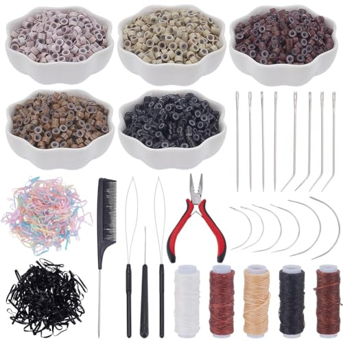 ORIGACH Juego de herramientas para extensiones de cabello, 2500 unidades, silicona, microanillos, uniones, cuentas, 5 colores, pinzas para el pelo, agujas de hilo de coser, enhebrador, horquillas