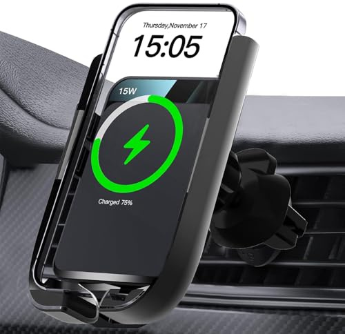 Wireless Car Charger, Auto Clamping Car Phone Holder 15W Fast Charging, Electromagnetic Sense Stable Vent Mount Car Charger for iPhone 17 16 15 14 13 12 Series Samsung S25 S24+ S23 etc