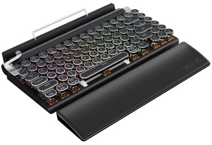 7KEYS Typewriter Keyboard Wireless Retro Style, Vintage Classical Mechanical Keyboard with Bluetooth for IPAD PC/Laptop Mac/Phone (Black+Wrist)