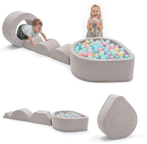Zedachica 7PCS Soft Play Set for Toddlers, Baby Foam Climbing Blocks with Ball Pit, Indoor Soft Play Equipment for Climbing, Crawling and Active Play, Grey (Balls Not Included)