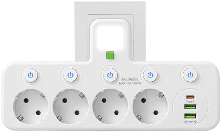 Ladron Enchufes Plano con USB C, 8 en 1 Ladrón Enchufes con Interruptor Independiente,Luz Nocturna, Enchufe Multiple 2500W con 4 Tomas de CA, Regleta Pared para Oficina, Cocina,Blanco