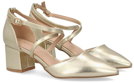99422 Zapato de Tacon Medio para Mujer con Diseno Elegante de Tiras Cruzadas, Punta Fina, Cierre de Hebilla. Tacon Ancho y Comodo, Ideal Diario u Ocasiones Especiales. Talon Cerrado. Oro Talla 41