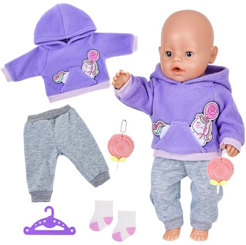 Puppenkleidung für 35-43cm Baby Puppen 5 Stück Süße Pony Puppen Kleidung für 14-17Zoll Babypuppen mit Pony Kleidung Hose Socken Anhänger Kleiderbügel 43cm Puppen Outfits Geschenke Kinder (Lila)