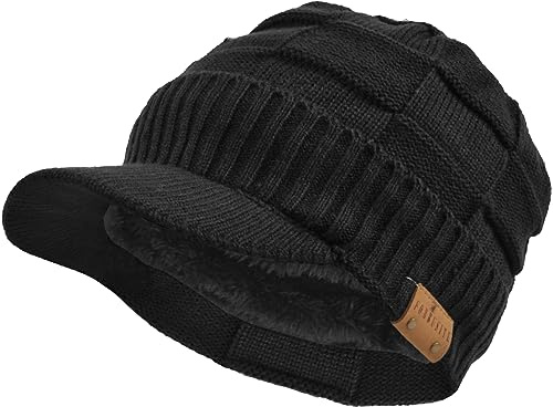 Män Stickad Visir Mössa Fleece Fodrad Manschett Vinter Dagligen Newsboy Keps (Pläd-Svart,En Storlek)
