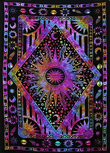 ANJANIYA Burning Sun Tie Dye Tapestry, Celestial Sun Moon Star Planet Bohemian Poster Tapestry Tarot Wall Hanging Boho Hippie Hippy Beach Coverlet Curtain (Purple Multi, 30X40)