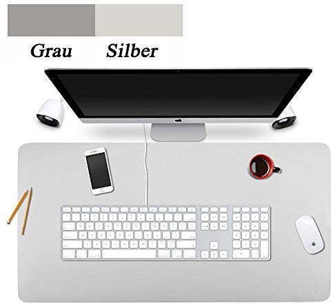 Schreibtischunterlage,80 * 40cm Rutschfeste Pu-leder Multifunktionale Schreibtischunterlage,Mauspad, zweiseitig nutzbar,Schreibtisch Pad Protector Gaming Schreibmatte für Büro/Zuhause (Grau+Silber)