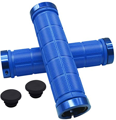 NATUCE 2pcs Poignées de Guidon de vélo 22mm, Poignée de de Bicyclette avec Deux Chapeaux de Guidon, Poignées avec Serrure en Aluminium,Poignée Caoutchouc Cycliste pour BMX VTT Vélo Pliant (Bleu)