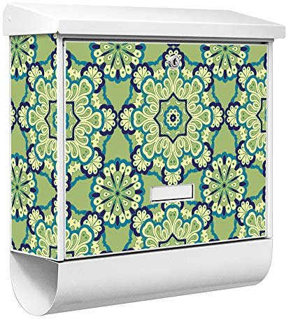 banjado® Burgwächter Briefkasten Weiß 38x39x12cm mit Motiv Kaleidoscop Grün/Briefkasten mit Zeitungsfach/Briefkasten mit Zeitungsrolle/Postkasten inkl. Montagematerial & 2 Schlüsseln