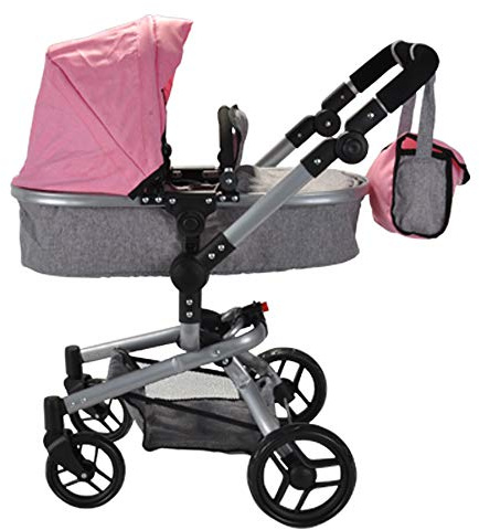 Bandits & Angels Puppenwagen Pink Modern Angel 2in1 Hellrosa ab 3 Jahren – Puppenwagen – Für Mädchen – Verstellbare Schiebestange 48-81 cm – Komplett zusammenklappbar – Mit Einkaufskorb