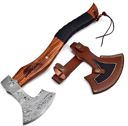 Dessi Viking Axe Damascus Steel Hatchet Tomahawk with Leather Sheath - Hand Forged Camping Axe Walnut Wood Handle Tiger Engraving, Bushcraft Outdoor Tool Gift for Men SM48