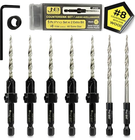 JNB Pro Wood Countersink Drill Bit Set - 5 Pc Adjustable Countersink Bit #8(11/64) All Same Size - 2 Extra 11/64 Tapered Drill Bit, 1 Adjust. Collar, 1 Wrench - 1/4 Quick Change Shank - Countersink