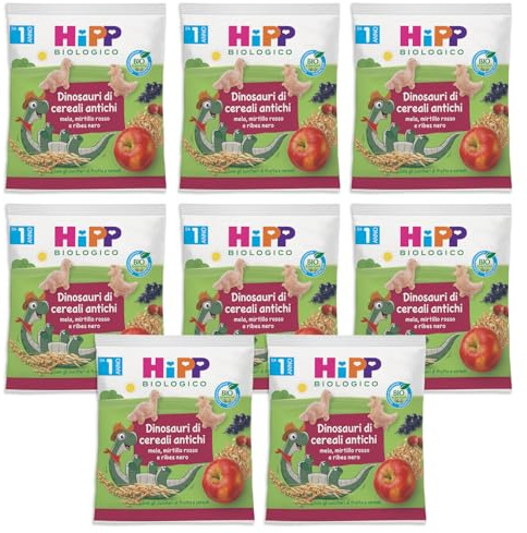 HiPP - Dinosauri ai Cereali Antichi, Snack Biologico per Bambini con Mirtilli Rossi e Ribes Nero, 9 Confezioni da 30 gr