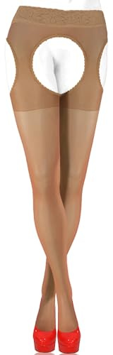 sesto senso hängslen tights med öppen gren 15 denier spets strumpeband bältesstrumpor, mörk beige, L, BEIgE, L