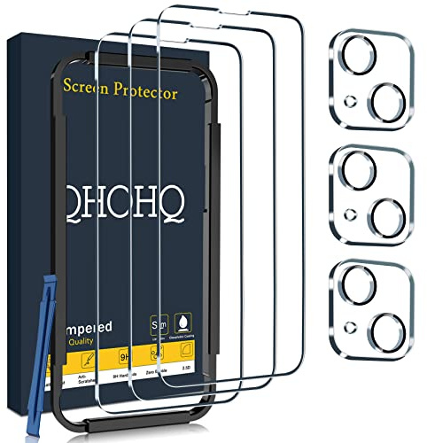 QHOHQ 3 Pezzi Vetro Temperato per iPhone 14 / iPhone 13 6.1 con 3 Pezzi Pellicola Protettiva Fotocamera Posteriore, Ultra Resistente, Durezza 9H, HD, Anti-Graffio, Senza Bolle, Facile Installare