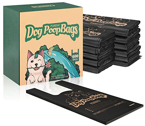 PURENV Hundekotbeutel Biologisch Abbaubar mit Lavender Duft 600 Eco-Freundlich Kacktüten für Hunde mit Griff, Große 18 * 38 CM, 100% Auslaufsicher, Extra Dick und Stark 10-Monatsvorrat mit Spenderbox