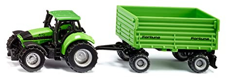 siku 1606, DEUTZ-FAHR-Traktor mit Fortuna 2-Achs Anhänger, Spielzeug, Metall/Kunststoff, Grün, Abnehmbare Kabine, Kippbare Mulde, mit gummierten Leichtlaufrädern, Anhängerkupplung
