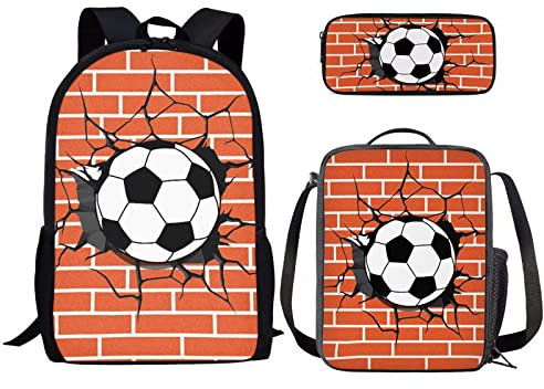 Binienty Rucksack für Jungen und Mädchen, modisches Büchertaschen-Set mit Lunchtasche und Federmäppchen für Grundschul, Kindertaschen, Reise-Rucksack, Fussball 5, Einheitsgröße