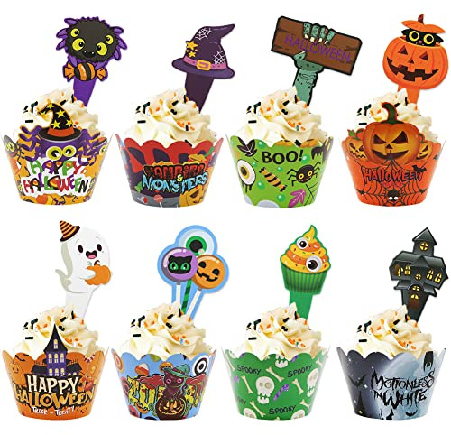 Pirottini per cupcake di Halloween, topper per cupcake con fantasma, pipistrello, zucca, ragno, cartone animato, 24 decorazioni per cupcake di Halloween, forniture per decorazioni per feste di