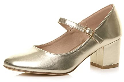 Damer medium blockklack rem arbete kväll brudtärna bröllop fest Mary-Jane skor pumps storlek, Guld, 37 EU