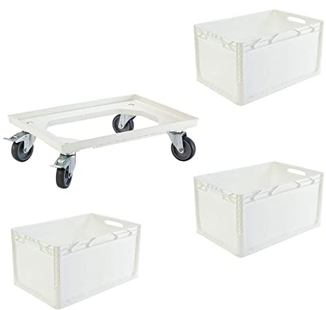 Schnellkarton Set 3 Euroboxen + Rollwagen Transportwagen Transportroller Eurobehälter Lagerbox Weiß Kistenroller Behälter Lagerkiste Stapelbox Lagerkasten Box Euronormbox Eurokiste Weiß