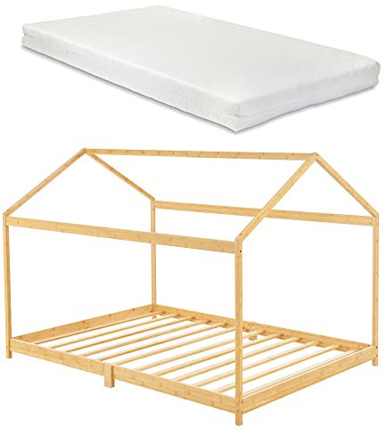[en.casa] Kinderbett Vindafjord 90 x 200 cm mit Matratze Bettenhaus Spielbett Juniorbett Bettgestell mit Lattenrost aus Bambus in Haus-Optik