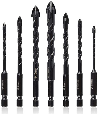 Mesee 7 Pezzi Punte Elicoidali Punte Trapano 3-12mm con Manico Esagonale Punta da Taglio in Carburo di Tungsteno per Perforazione su Piastrelle, Ceramica Legno Plastica