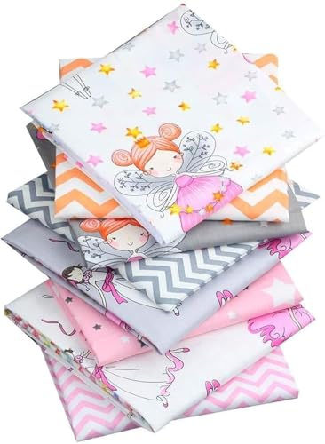 CraftsFabrics Lot de 8 retales de tela 100 % algodón para acolchado, scrapbooking, patchwork, manualidades y arte Motivo de hada rosa 40 x 50 cm