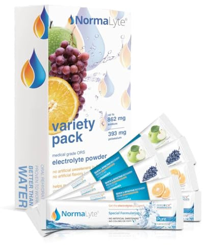 NormaLyte Oral Rehydration Salts Pack of 8-4 Flavors Energy Supplement, Electrolytes Powder Packets, Potassium Supplement, Vegan, Dehydration Tablets