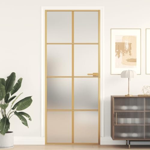 BAZZI Innentür Schlank Zimmertüren Golden-11 Glastüren Innen Mit Zarge Komplett 83x201,5 cm Zimmertüren Mit Zarge Komplett Innentüren Zimmertür Innentüren Glas Hartglas und Aluminium