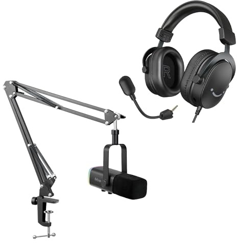 FIFINE XLR Gaming Mikrofon mit Arm und USB PC Headset, Over Ear Kopfhörer mit Mikrofon 3.5 mm Audiobuchse, für Mac Switch PS4 PS5 Xbox (AM8T+H9)