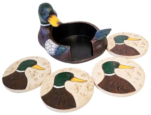 The Bridge Collection 4 Mallard Duck Coasters With Holder - Set of 5 - Hunting Home Decor - Drink Coasters for Cabin or Lodge