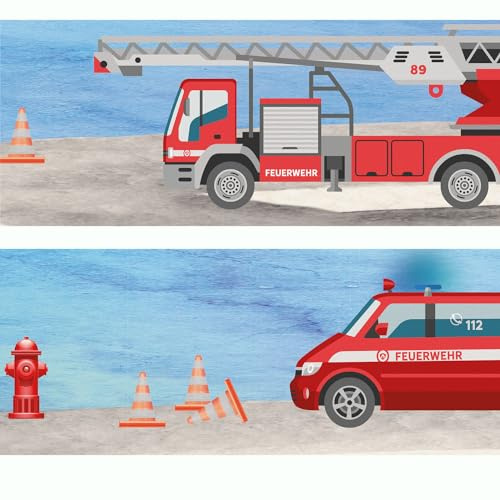 Wandbordüre Feuerwehr Rettungswagen Tapetenbordüre Vlies Babyzimmer 400x12 | Tapetenvlies Bordüre für Kinderzimmer Babyzimmer Spielzimmer leicht mit Vliestapetenkleister anbringbar