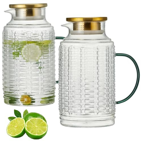 Buaic Jarra de vidrio con tapa, paquete de 2 jarras de agua vintage de 68 onzas/2 litros, jarra de agua de vidrio de borosilicato transparente para infusión fría, café, limonada, té helado, bebidas,