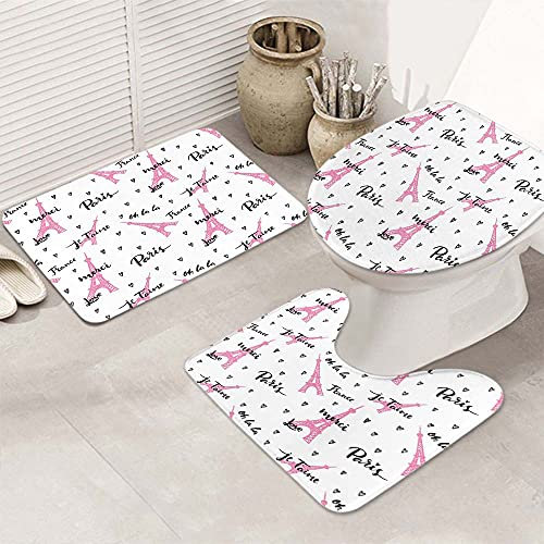 3 Piezas Juego De Alfombra De Baño France Paris, Oh La La! Fashion Pink Eiffel Tower Alfombras De Cama Moda Cómoda Juego De Alfombrillas De Baño, para Baño, Cocina, Dormitorio