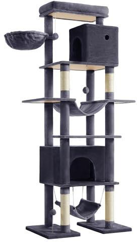 Feandrea Kratzbaum groß, Katzenbaum XXL, mehrstöckiger Katzenkratzbaum, 201 cm hoch, mit Einer Plattform, Einer Liegemulde, 2 Katzenhöhlen, 2 Hängematten, Kippschutz, dunkelgrau PCT195G02