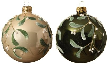 Addobbo Albero Di Natale Pallina Albero Di Natale Diametro 8 Cm Figure Assortite Varzi Natale (Oro e Verdi Vischio 6 pezzi)