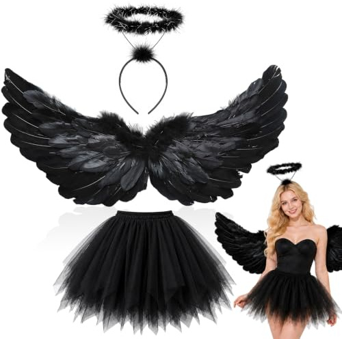 Disfraz de ángel para adultos, alas de ángel, disfraz de Halloween para mujer, alas de ángel para niños, falda de tutú, vuelos de ángel, aureola