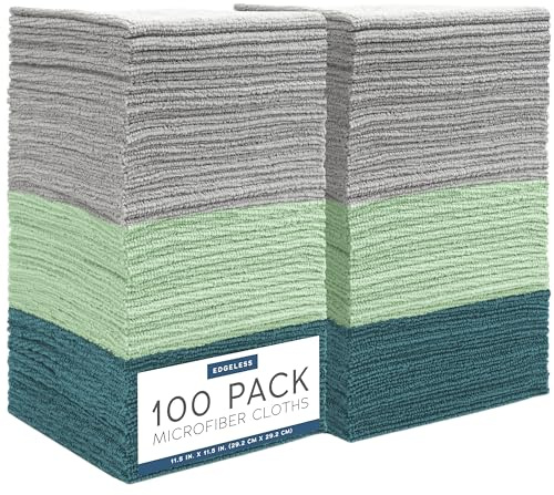 S&T INC. 100 Pack Microfiber Cleaning Cloth, Edgeless Bulk Towels for Home, Reusable Microfiber Towels for Cars, Cleaning Rags, Assorted Green and Grey, 11.5 Inches x 11.5 Inches, 100 Count