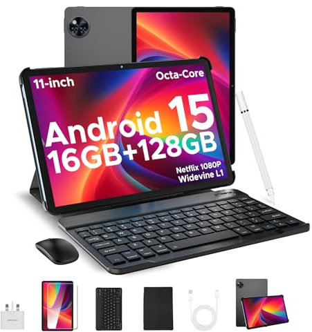 DOOGEE U11 Android 15 Tablets 11 Inch - 2025 Newest Tablet 16GB+128GB/2TB Octa Core, 90 Hz Display, 8580mAh, Android Tablets, 5G WiFi,13MP+5MP,Tablet with Keyboard & Mouse&Case-Black